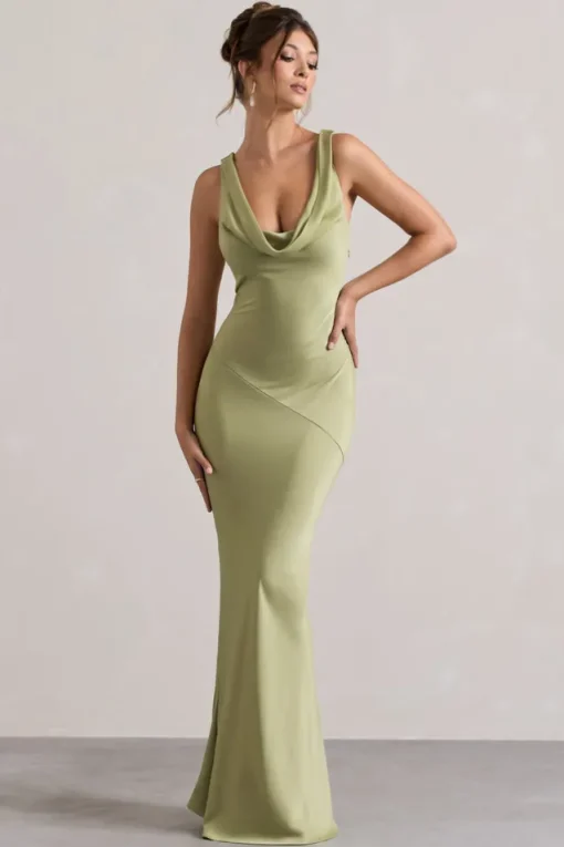 Alesso | Light Olive Satin Cowl-Neck Maxi Dress