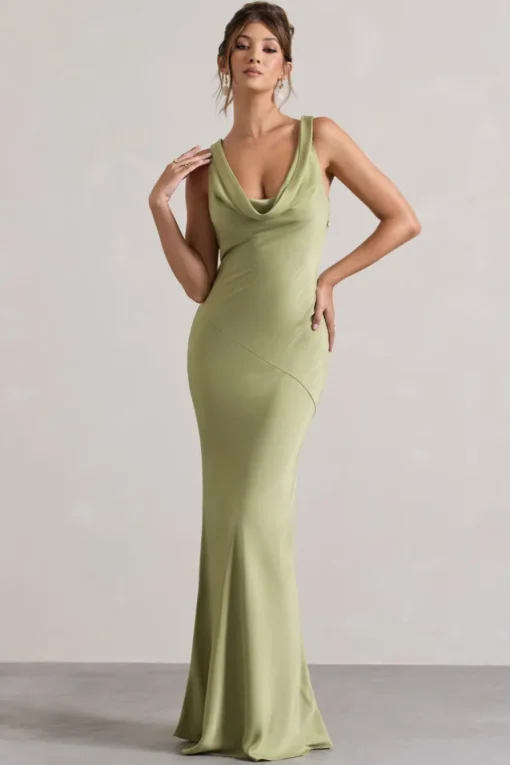 Alesso | Light Olive Satin Cowl-Neck Maxi Dress