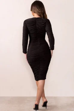 Aletta | Black Plunge Neck Ruched Seam Midi Dress With Long Sleeves