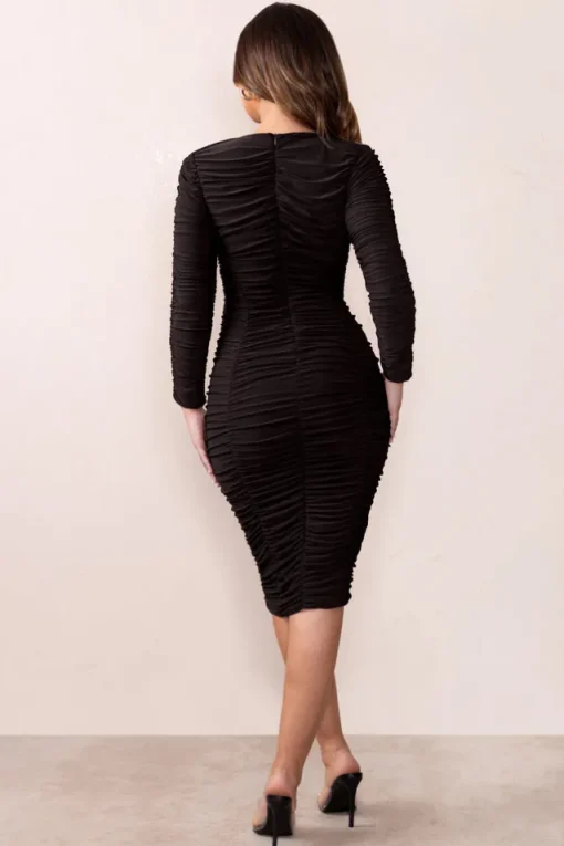 Aletta | Black Plunge Neck Ruched Seam Midi Dress With Long Sleeves