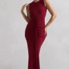 Alexa | Berry High-Neck Gathered Maxi Dress With Drape