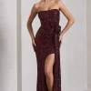 Alexandria | Burgundy Sequin Corset Maxi Dress With Flowers