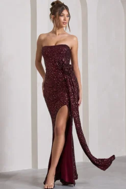 Alexandria | Burgundy Sequin Corset Maxi Dress With Flowers