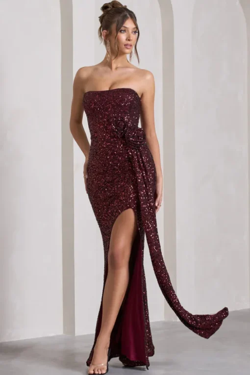 Alexandria | Burgundy Sequin Corset Maxi Dress With Flowers