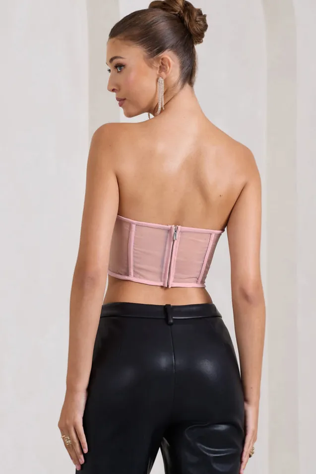 Alicia | Blush Pink Floral Mesh Strapless Corset Top