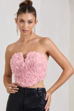 Alicia | Blush Pink Floral Mesh Strapless Corset Top