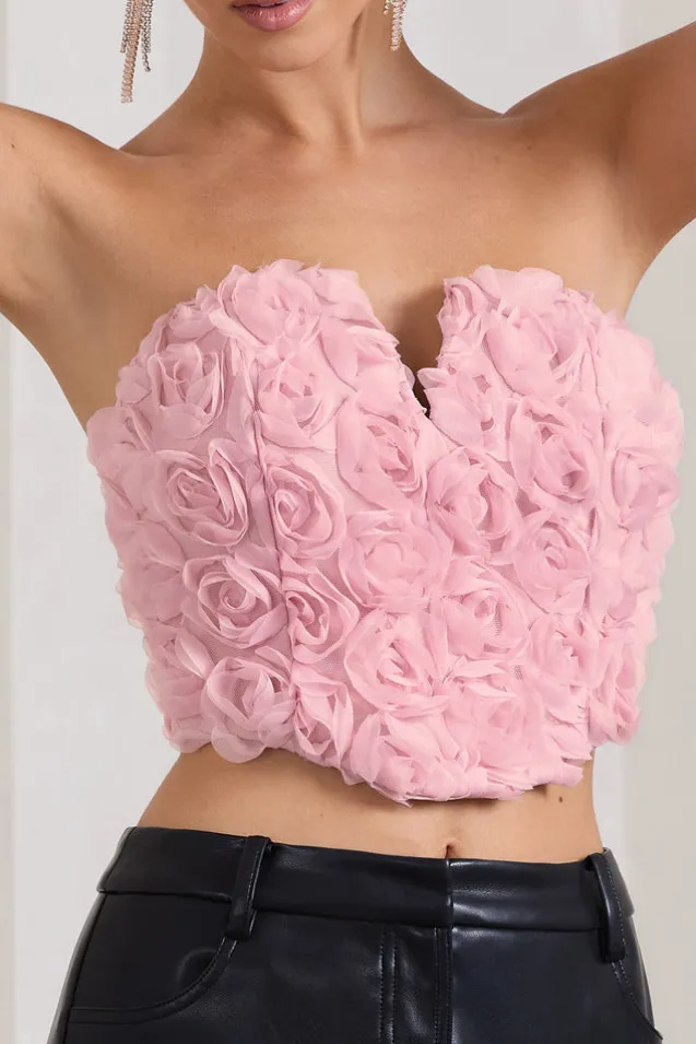 Alicia | Blush Pink Floral Mesh Strapless Corset Top