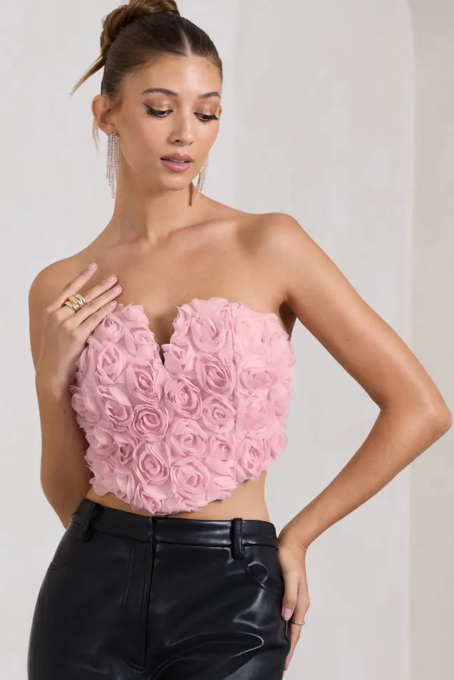 Alicia | Blush Pink Floral Mesh Strapless Corset Top