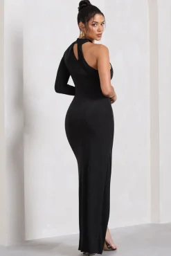 Alina | Black Ruched High-Neck Asymmetric Split Maxi Dress