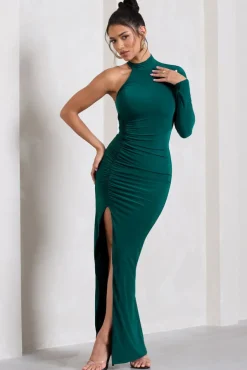 Alina | Bottle Green Ruched High-Neck Asymmetric Split Maxi Dress