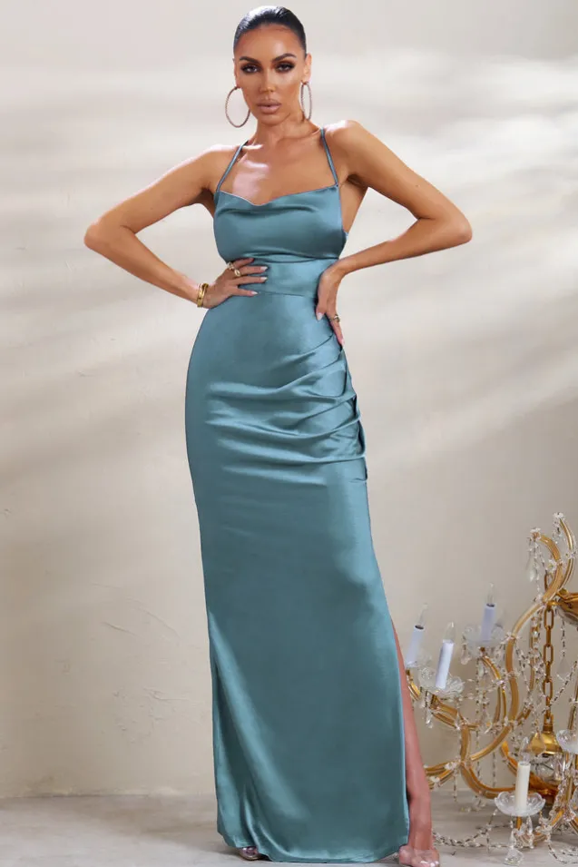 A-List | Blue Satin Cowl Maxi Dress With Thigh Split