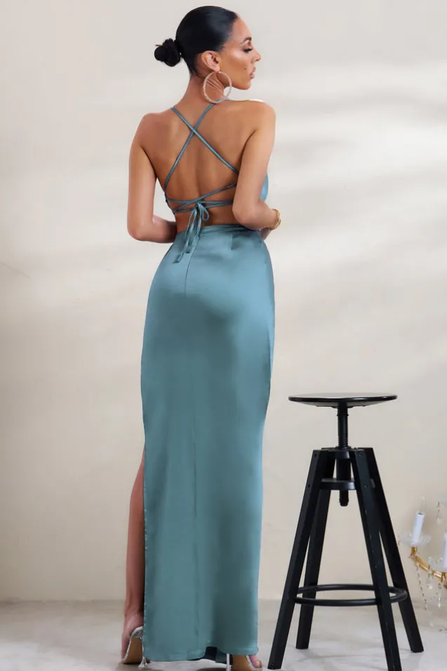 A-List | Blue Satin Cowl Maxi Dress With Thigh Split