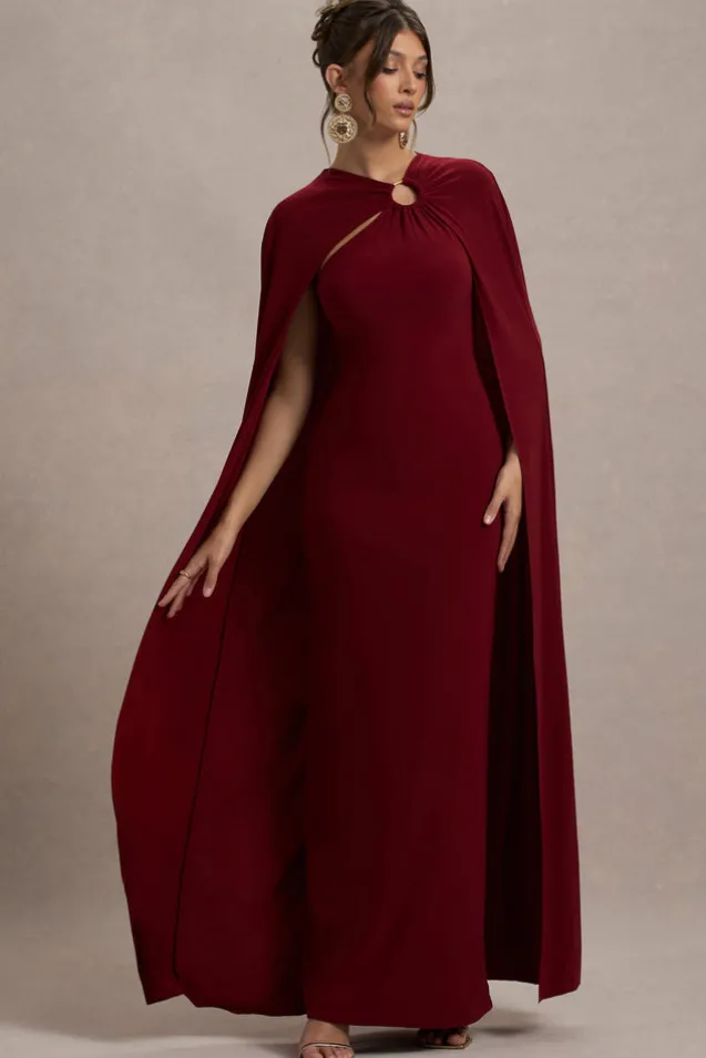 Aliza | Berry Cape Maxi Dress With Gold Ring