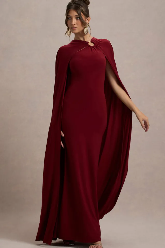 Aliza | Berry Cape Maxi Dress With Gold Ring