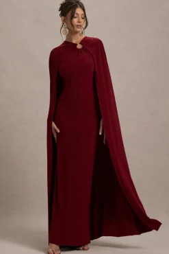 Aliza | Berry Cape Maxi Dress With Gold Ring
