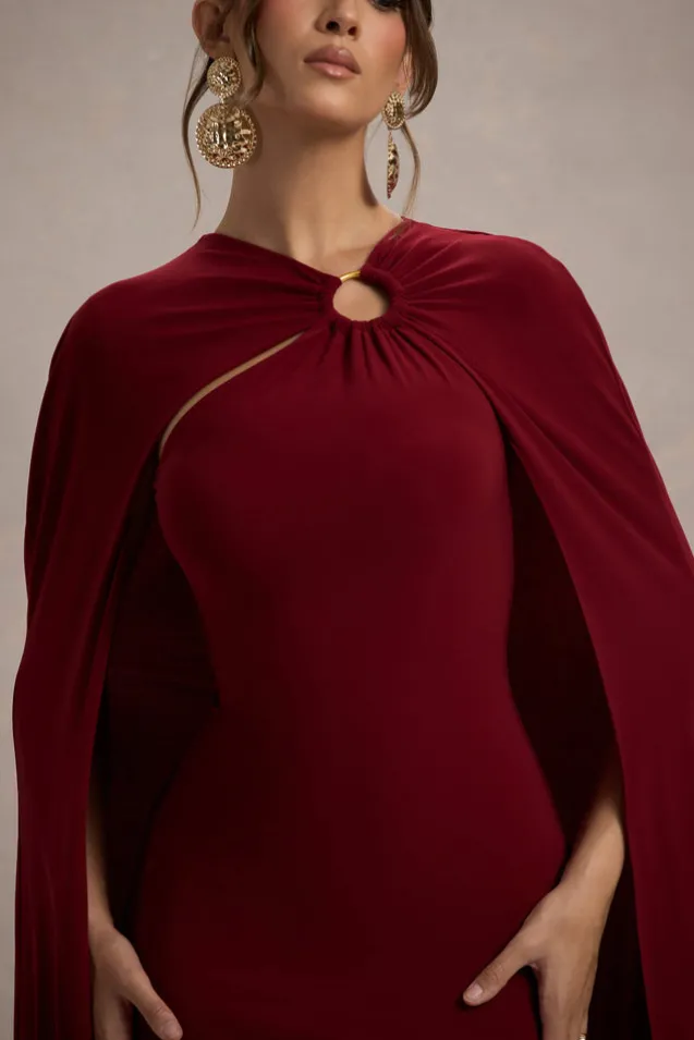 Aliza | Berry Cape Maxi Dress With Gold Ring
