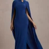 Aliza | Royal Blue Cape Maxi Dress With Gold Ring