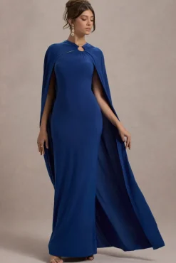 Aliza | Royal Blue Cape Maxi Dress With Gold Ring