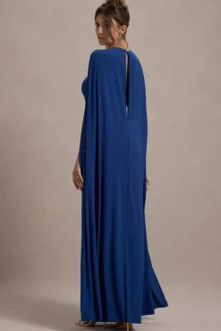 Aliza | Royal Blue Cape Maxi Dress With Gold Ring
