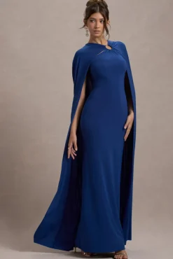 Aliza | Royal Blue Cape Maxi Dress With Gold Ring