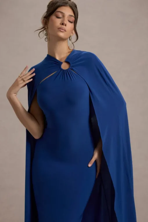 Aliza | Royal Blue Cape Maxi Dress With Gold Ring