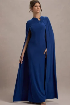 Aliza | Royal Blue Cape Maxi Dress With Gold Ring
