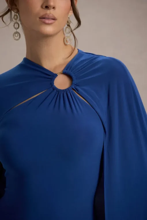 Aliza | Royal Blue Cape Maxi Dress With Gold Ring