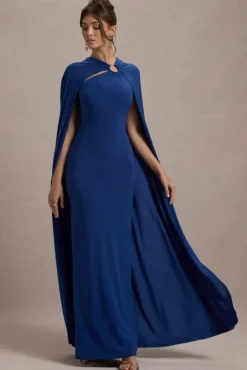 Aliza | Royal Blue Cape Maxi Dress With Gold Ring
