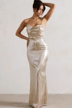 All In Time | Champagne Metallic Cowl-Neck Maxi Dress With Cross Back Detail