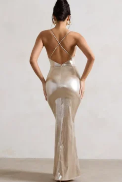All In Time | Champagne Metallic Cowl-Neck Maxi Dress With Cross Back Detail