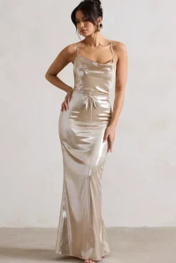 All In Time | Champagne Metallic Cowl-Neck Maxi Dress With Cross Back Detail