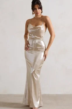 All In Time | Champagne Metallic Cowl-Neck Maxi Dress With Cross Back Detail