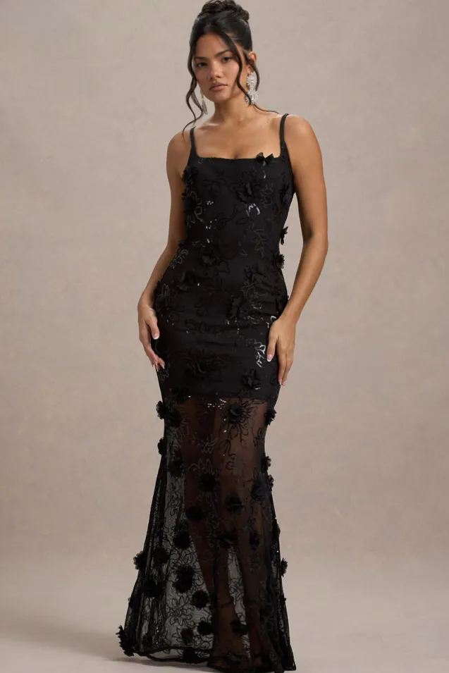 All Of Me | Black Sequin Sheer Maxi Dress With Flowers