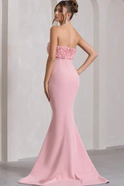 Allegra | Pink Bandeau Split Fishtail Maxi Dress With Flowers