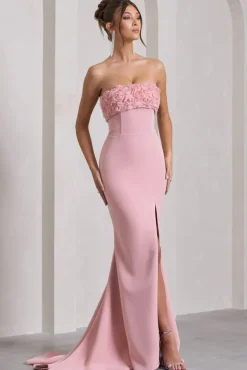 Allegra | Pink Bandeau Split Fishtail Maxi Dress With Flowers