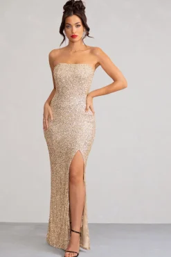 Almira | Champagne Sequin Bandeau Maxi Dress With Split Hem