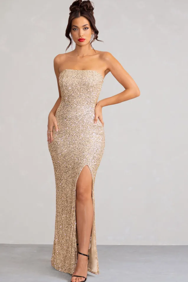 Almira | Champagne Sequin Bandeau Maxi Dress With Split Hem