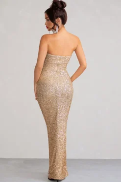 Almira | Champagne Sequin Bandeau Maxi Dress With Split Hem