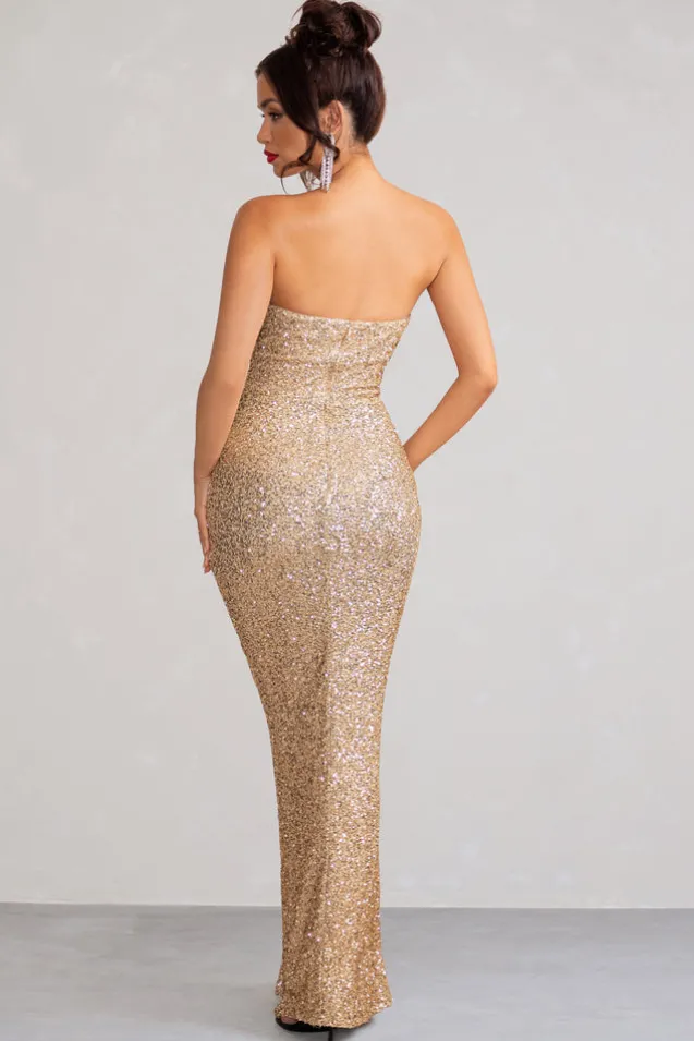 Almira | Champagne Sequin Bandeau Maxi Dress With Split Hem