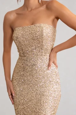 Almira | Champagne Sequin Bandeau Maxi Dress With Split Hem