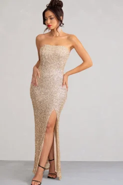 Almira | Champagne Sequin Bandeau Maxi Dress With Split Hem