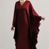 Alohi | Berry Satin Plunge Cape Maxi Dress