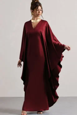 Alohi | Berry Satin Plunge Cape Maxi Dress