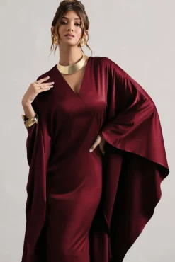 Alohi | Berry Satin Plunge Cape Maxi Dress