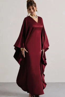 Alohi | Berry Satin Plunge Cape Maxi Dress