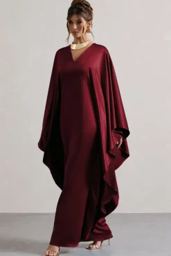 Alohi | Berry Satin Plunge Cape Maxi Dress