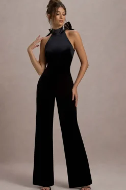 Alondra | Black Velvet High-Neck Straight-Leg Jumpsuit