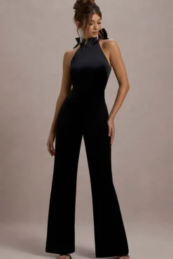 Alondra | Black Velvet High-Neck Straight-Leg Jumpsuit