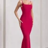 Alora | Red Strappy Lace-Up Maxi Dress With Flower Corsage