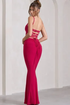 Alora | Red Strappy Lace-Up Maxi Dress With Flower Corsage